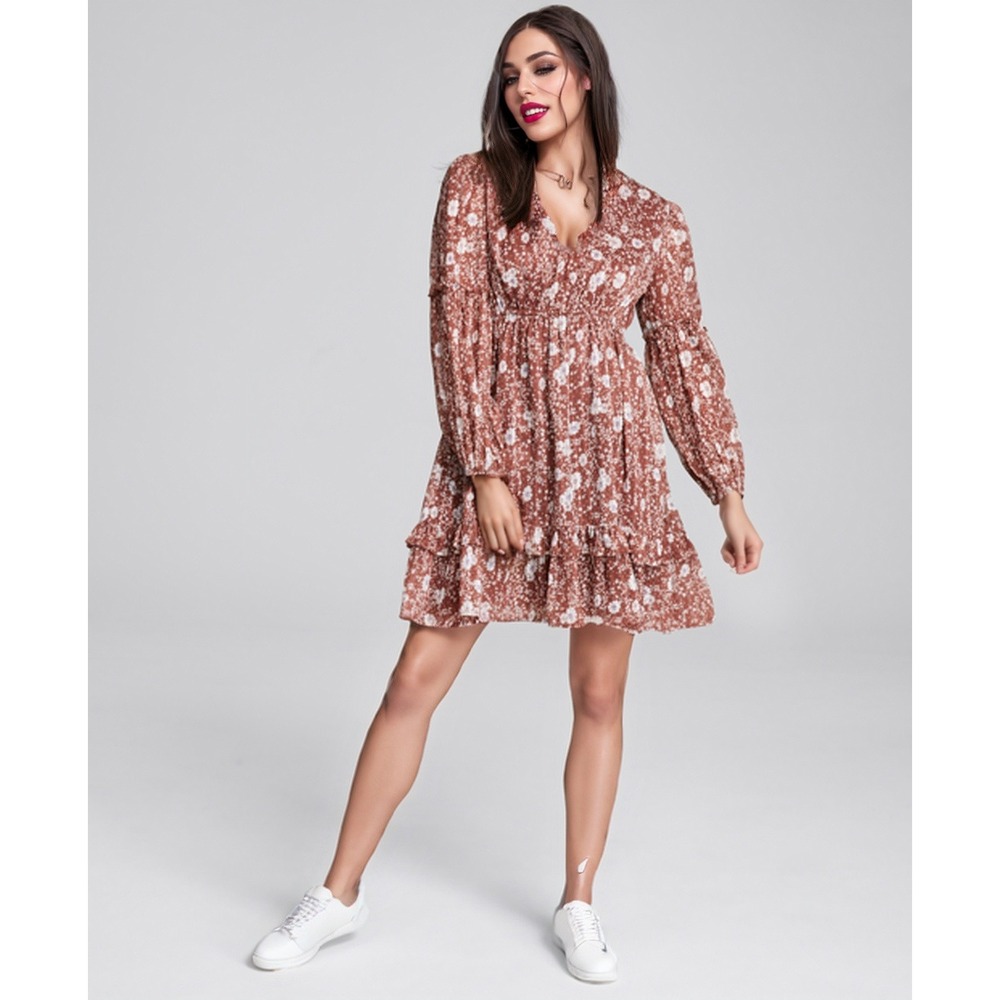 And Now This Ruffled Floral Mini Dress Womens XL Brown Boho Chic Cottagecore NWT